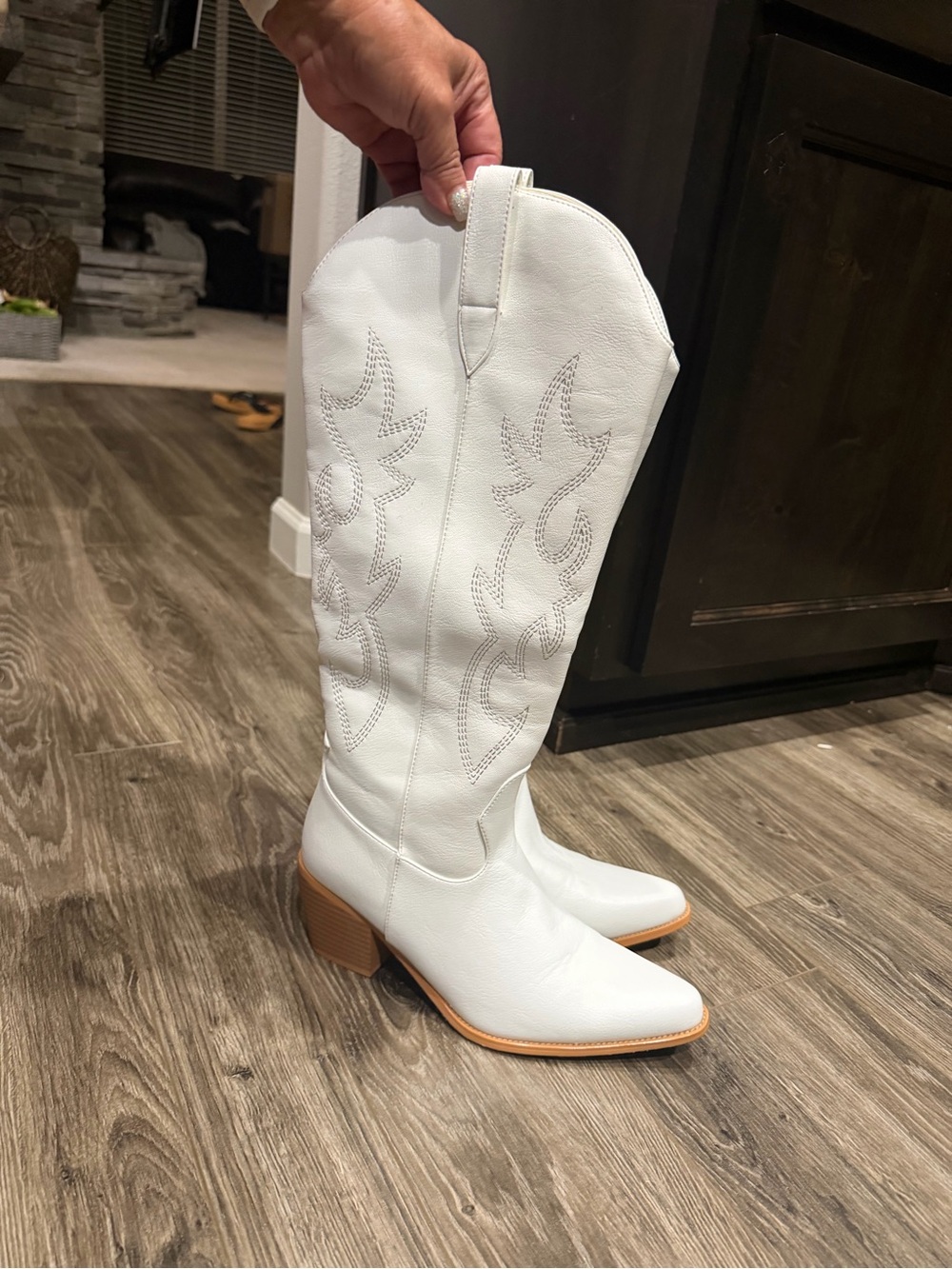 White Women's Western Knee-High Boots with Embroidered Shaft